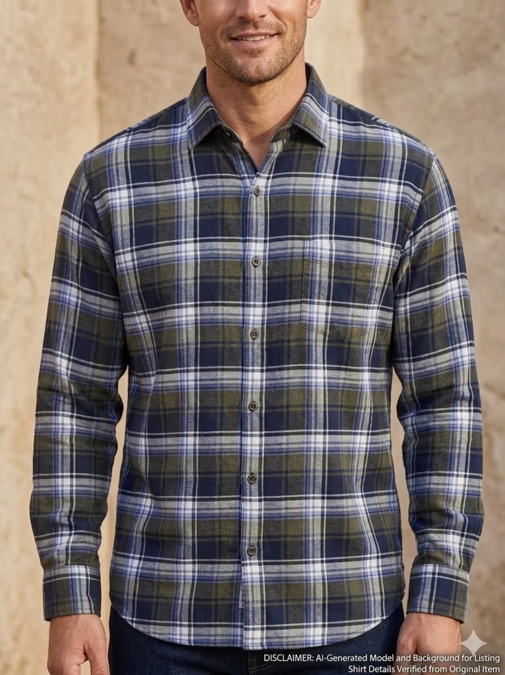 Peter Millar Men's Casual Blue Grey Olive Plaid Button-Up Flannel - XL- EUC